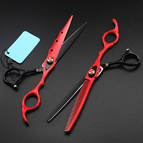 Tijeras de peluquería Profesionales de Acero Rojo de 7 Pulgadas para Cortar el Cabello. Juego de Tijeras de entresacar para barbería.