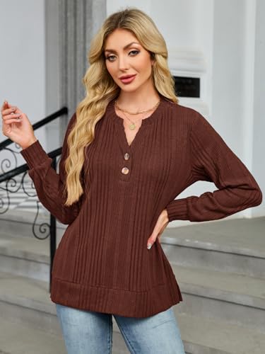 Long Sleeve Shirts for Women Oversized Henley Tunic Tops V Neck Casual Top Loose Fit Pullover Sweaters Fashion Clothes Brown — view 2