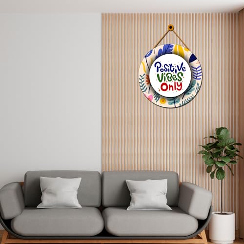 Image of GENXTRA Positive Vibes Only Round Hanging Wall Decor - Colorful Motivational Wooden Sign for Home & Office