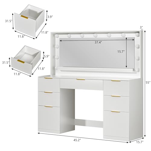 Image of HUAHUU Vanity Desk with Mirror and Lights, 45.3in Makeup Vanity with 7 Drawers & Large Mirror, White Vanity with 3-Color Adjustable Lighting & Power Outlet, Vanity Desk for Bedroom