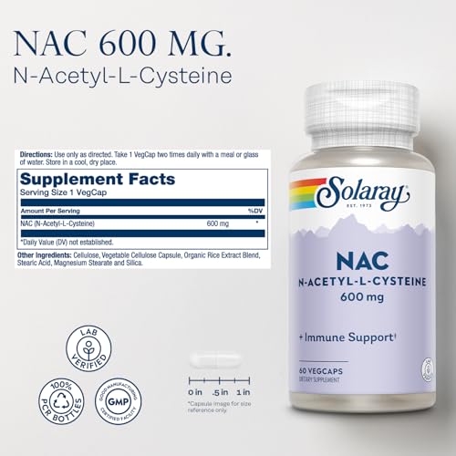 Image of SOLARAY NAC Supplement N-Acetyl L Cysteine for Men & Women - Precursor to Glutathione & Amino Acid Support for Cellular Health, NAC Capsules 600 mg, Antioxidant Support for Immune Health - 60 Veg Caps