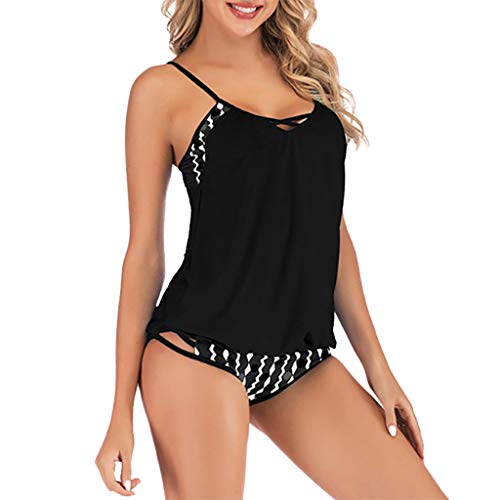 Preisvergleich Produktbild QingJiu Damen Übergröße drucken Tankini Schwimmanzug Badeanzug Beachwear Gepolsterte Badebekleidung Plus Size Print Top Slip (XXXXX-Large, Schwarz)