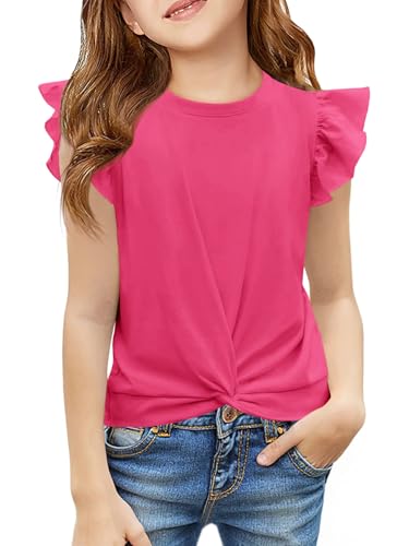 Image of Haloumoning Girls Ruffle Sleeve T Shirts Summer Crewneck Shirt 5-14 Years