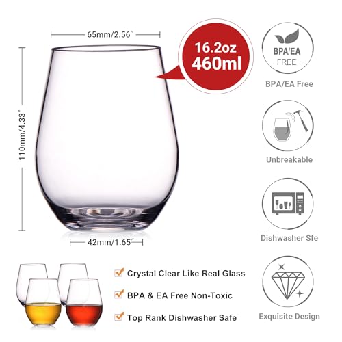 HAHASHOW 470ml Stemless Wine Glasses, Tritan Plastic Wine Tumbler Set of 4, Drinking Glasses Dishwasher Safe for Cocktail Water, Juice - Image 2