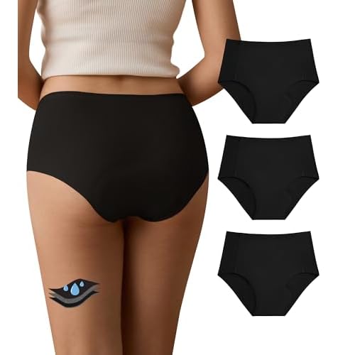 SHARICCA Seamless Period Underwear for Women - Teens Girls Heavy Flow Leak Proof Menstural Hipster Briefs Panties Pack All Black Medium