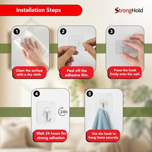 Image of StrongHold Invisible Adhesive Wall Hooks - 30 Pcs Clear Hooks for Hanging Without Drilling, Reusable Waterproof Hooks for Bathroom, Kitchen, Home & Office Organization