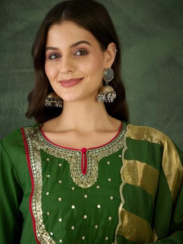 Image of Naixa Women's Chanderi Embroidered Flared Kurta with Pant and Dupatta Sets (NX-762)