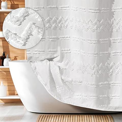 Cortina de ducha blanca de chenilla extralarga con diseño de rayas Cover