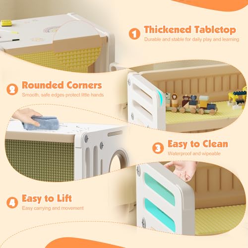 HedoAjim Kids Table and Chairs Set Toddler Activity for 1-3 Children Baby Drawing Craft Art Paly Montessori Table Desk for Mealtime Study for Playroom Nursery Preschool (Khaki White) - Image 6