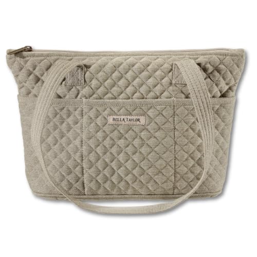 Bella Taylor Small Tote, Quilted Shoulder Bag, Khaki Chambray