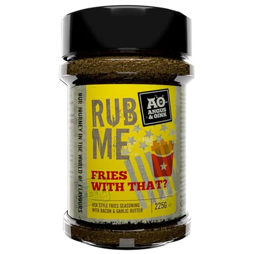 Angus et Oink me frott les frites avec ça? | USA Style Frenries Frises Seashing | Saveurs salées de beurre à l'ail et de bacon | Parfait pour les frites, les quartiers, les nachos | Sans gluten | 225g