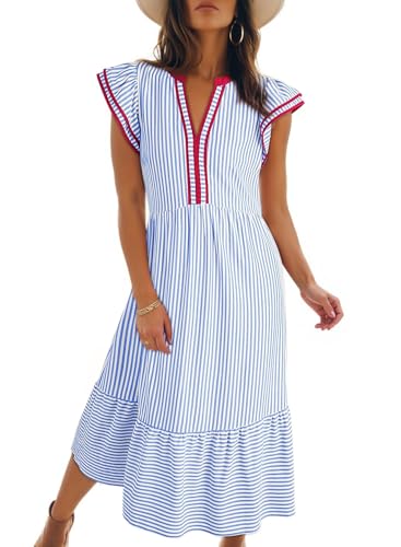 Dokotoo Midi Summer Dresses for Women 2026 V-Neck Ruffle Cap Sleeve Empire Waist Pockets Beach Striped Dress Maxi Seersucker Dresses Light Blue Dress Large