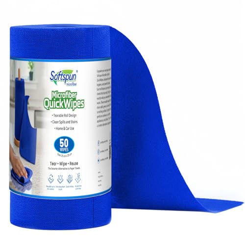Image of SOFTSPUN Microfiber Cleaning Roll - 50 Quick Wipes, 10X Cheaper Than Paper Kitchen Roll Reusable & Lint-Free Cloth for Kitchen, Glass & Home Cleaning | 25x25 cm (Blue)