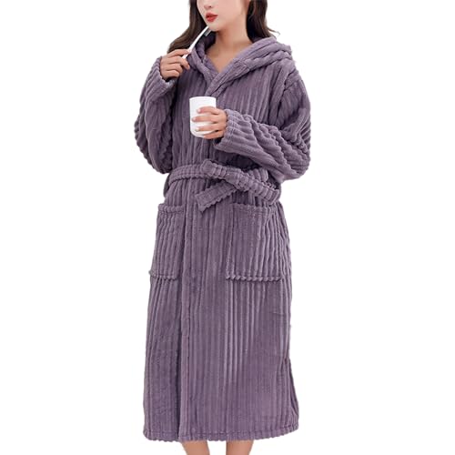 GIBOH Bata de las mujeres otoño e invierno suave absorbente coral terciopelo albornoz rayas albornoz con capucha con cinturón homewear,Púrpura,One Size