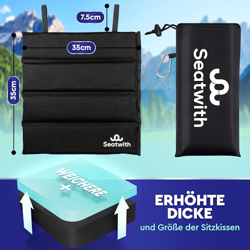 Faltbares Iso-Sitzkissen Outdoor Sitzmatte (35x35cm) mit Tragetasche + Karabinerhacken für idiale Befestigung am Rucksack maximaler Schutz vor Kälte Nässe Schmutz SCHWARZ