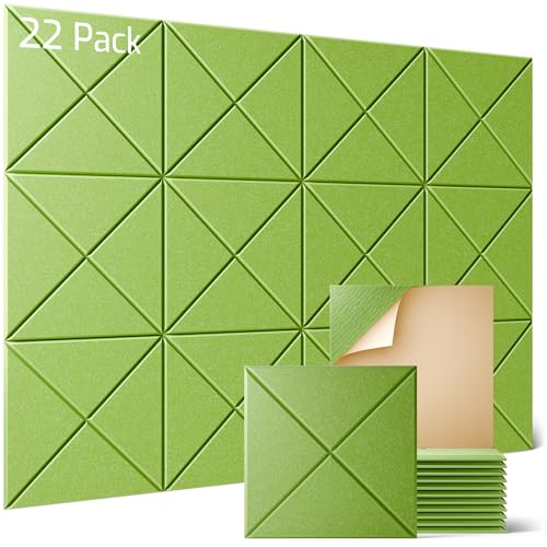 Sonicism 22 Pack X-Lined Acoustic Panels with Self-Adhesive, 12"X 12"X 0.4" Sound Proof Foam Panels, Decorative Soundproof Wall Panels, Sound Absorbing Tile for Home & Offices, Light Green
