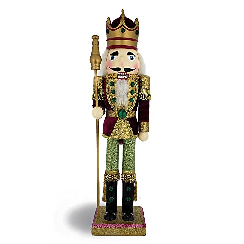 Christmas Holiday Wooden Nutcracker Figure Soldier King with Traditional Maroon Velvet and Gold Glitter Uniform and Crown with Sparkle Rhinestone and Braided Details, Large, 15 Inch