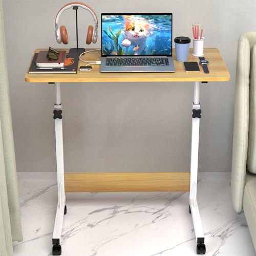 80x40cm Schreibtisch Höhenverstellbarer Tisch Computertisch mit Mobiler Rollen, Stabil Beistelltisch, Sitz-Stehpult Laptoptisch mit Holz Tischplatte, Tischbeine Höhenverstellbar für Home office, Beige