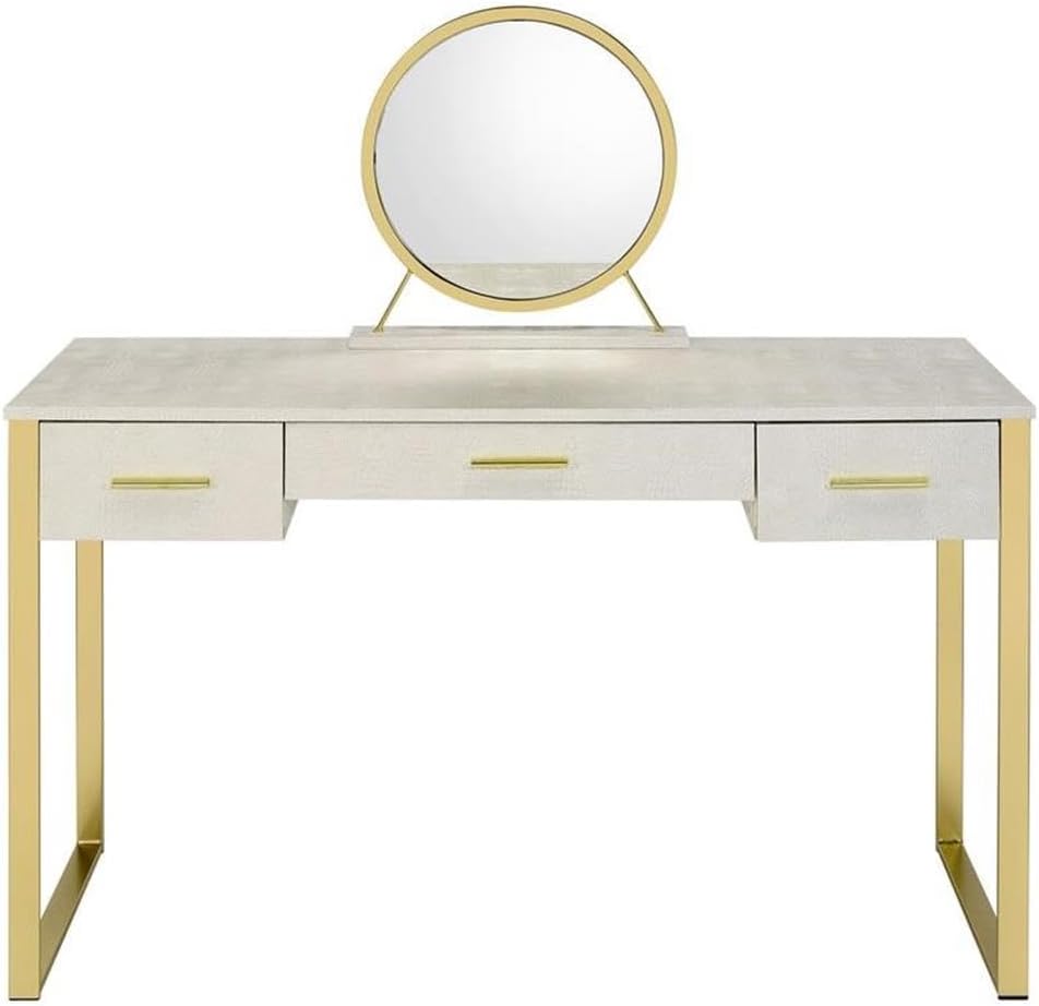 Acme Myles Vanity Set with USB Port in Antique White and Champagne Metal