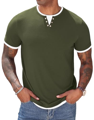 Image of Hisir Mens T Shirt Summer Henley Short Sleeve Regular Fit Round Neck Casual Tops Classic Color Block Tee Shirts (Army Green, L)