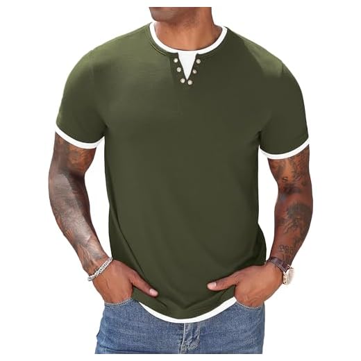 Hisir T-shirt d'été Henley à manches courtes et col rond pour homme - Coupe droite - Décontracté - Couleurs contrastées classiques, vert militaire, XL