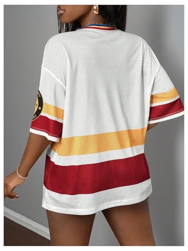 Women's Jersey Shirts Striped Color Block T Shirt Half Sleeve Drop Shoulder Oversized Tee Tops2