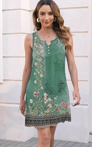 Image of Disamer Womens Summer Dress 2026 Casual Button Down V Neck Sleeveless Boho Floral Beach Sundresses Vacation A-Line Dresses