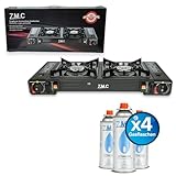 ZMC Camping Gaskocher 2-flammig inkl. Adapter für LPG Anschluss + 4 Gaskartuschen 227g, Campingkocher mit Piezozündung für Outdoor und Innenraum