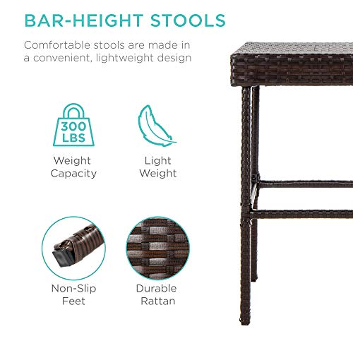 Best Choice Products 3-Piece All-Weather Wicker Bar Table Set For Indoor Outdoor, Kitchen, Patio, Backyard W/ 2 Stools, Glass Tabletop, Storage Shelves - Brown #TOP3