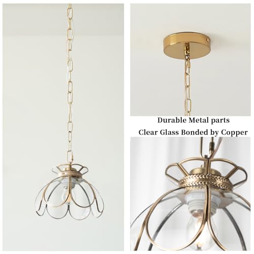 Image of Brass Glass Ceiling Pendant Light, Hanging Chain lamp, with Vintage Lotus Flower Clear Glass Shade for Kitchen Island Dining Room Bedroom Living Room-7.9 inch Shade