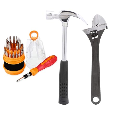 Suzec Johnson Advance Home Kit 5-Pieces Screwdriver Kit (Multicolour) & Adjustable Wrench (200 Mm) & Claw Hammer Steel Shaft