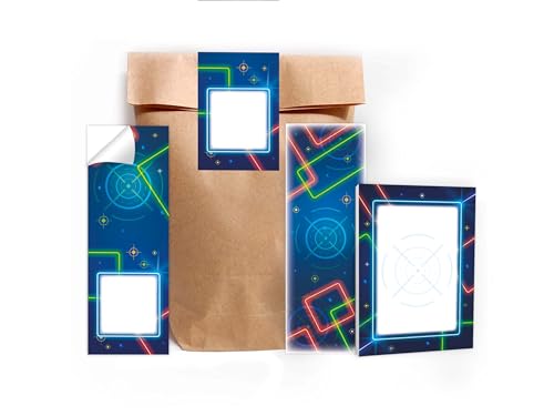 10 Lesezeichen + 10 Mini-Notizblöcke je 25 Blätter A7 + 10 Tüten (natur) + 10 Aufkleber Set Gastgeschenk Mitgebsel zum Kindergeburtstag Motto-Party Jungen Jungs Boys Mädchen Schule Lasertag neon