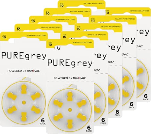 PUREgrey - Pilas para audífonos tipo 10 – 60 unidades para audífonos diseñados para el máximo rendimiento – Pack de 10 blísteres de 6 pilas para audífonos – Código de color amarillo PR70 1,45 V