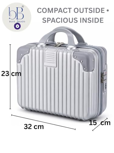 Image of BLUE BEADS Travel Makeup Case with Lock & Luggage Strap, ABS Hard Shell Cosmetic Vanity Case, Portable Makeup Organizer for Women, Beauty Storage Box for Makeup & Toiletries (Silver, Model 3)