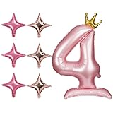 42in Number Balloons 0-9 with Crown & Base, Helium Aluminum Foil Birthday Number Balloons with 6 Four Pointed Star Balloons Giant Number Decorations for Wedding Anniversary Party (Number 4)