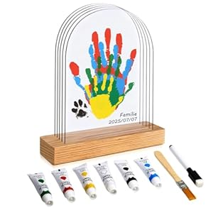 SSJkeji Family Handprint Kit Clear DIY Craft Keepsake DIY Hand & Footprint Kit with Wooden Frame, 5 Panels & 6 Paints Perfect as New Baby Gifts, New Mum Gift and Family Gifts