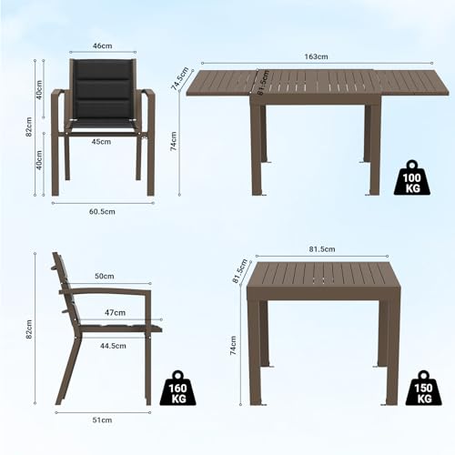 JUMMICO Garten Balkon Möbel Set Aluminium Leichtgewicht Stapelbare Stühle mit Textilpolster Stabil und Einfach Montiert,4 Personen Set