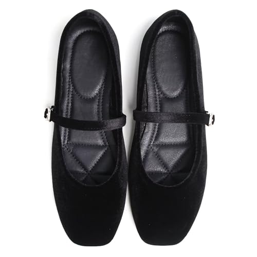 WENJIAZHIZHI Women's Vintage Warm Mary Janes Flats One Step Ankle Buckle Square Toe Dress Ballerian Flats Shoes3