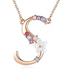 Flower Initial Letter Necklace Pink Red Blue Simulated Pearl Pendant Name Jewelry Made with Austrian Crystals Rose Gold Plated Anniversary Birthday Gifts for Women,18"+2"