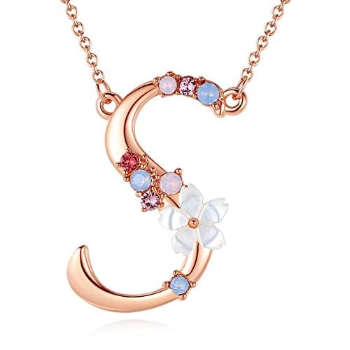 Flower Initial Letter Necklace Pink Red Blue Simulated Pearl Pendant Name Jewelry Made with Austrian Crystals Rose Gold Plated Anniversary Birthday Gifts for Women,18″+2″