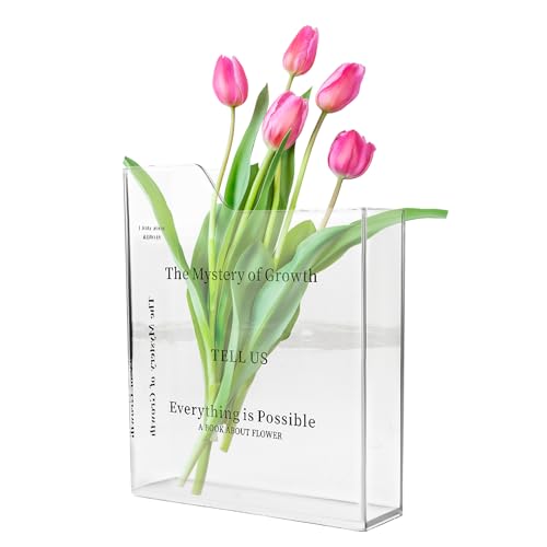 PBUSPU Jarrón de Libro, Jarrón Acrílico Transparente, Jarrón en Forma de Libro, Jarrón para Tulipanes, Florero Decorativo Moderno - De Libro Transparente para Arreglos Florales, Sala de Estar