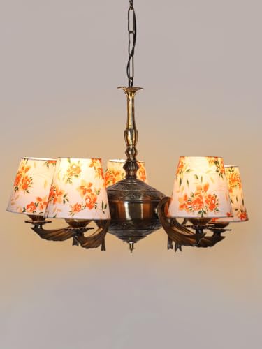 Image of Devansh 05-Light Printed Conical Multicolor Cotton Shade Chandelier - Antique Golden Finish | Adjustable Cord | Warm Glow Lamp - Ceiling Light for Living Room, Dining Area, BedroomDecor - D7