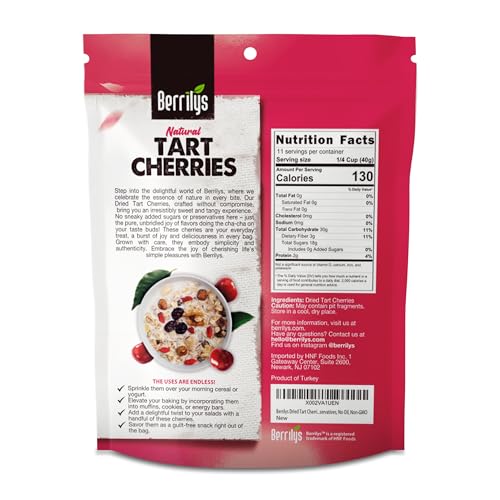 Berrilys Dried Tart Cherries - Unsweetened, No Sugar Added, Pitted, Unsulfured, No Preservatives, Non-GMO, 16 oz