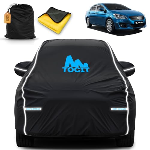 Image of Tocit Maruti Ciaz Waterproof Long Life Car Cover with Safety Glow Reflective Strap, Premium Velvet Velour Fabric, Soft & Stretchable, Machine Washable, Tri-Stitch Custom Fit with Mirror Pocket