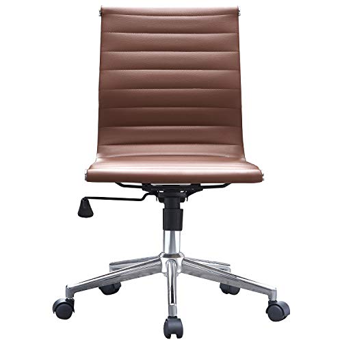 2Xhome - Mid Back Height Modern Office Chair, Armless Ribbed Pu Leather Seat With Swivel Tilt Adjustable Chrome Base - Executive Conference Room Task Chair (Brown) #TOP7