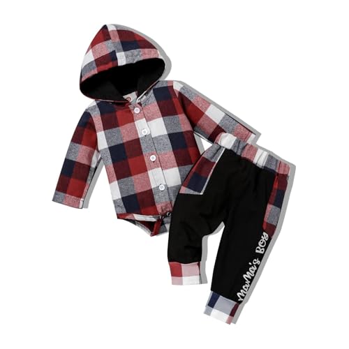 Image of Fuermos Newborn Baby Boy Clothes Plaid Button Long Sleeve Hoodie Romper+ Mama's Boy Pants Fall Winter Outfits Set