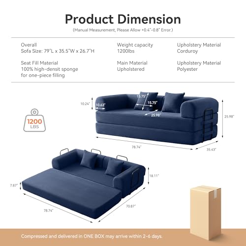 Image of Convertible Sofa Bed with Corduroy Pillow,Comfy Floor Sofa Bed Compressed Sofa in Box, Convertible Sofa Bed for Living Room Bedroom Lounge Studio, Comfy High Density Foam Mattress(Navy Blue)