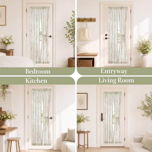 Image of jinchan Floral Sidelight Curtains for Front Door, 26x72, 2 Panels | 25% linen blend, green floral print, light filtering, rod pocket, tiebacks, washable, for front door sidelights
