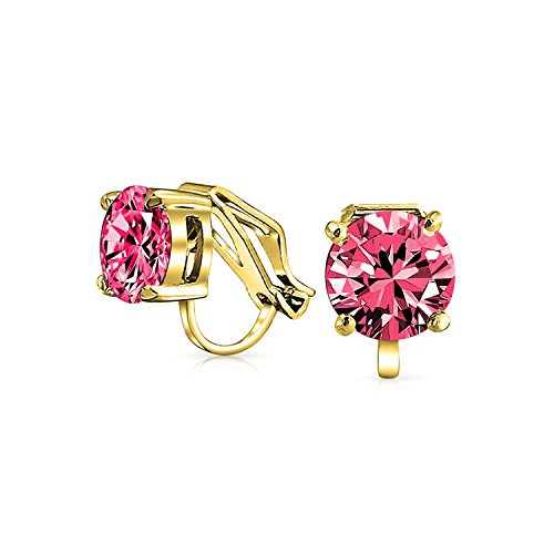 2CT Red Pink Brilliant Cut Solitaire Round Cubic Zirconia CZ Clip On Stud Earrings Simulated Ruby 14K Gold Plated Brass