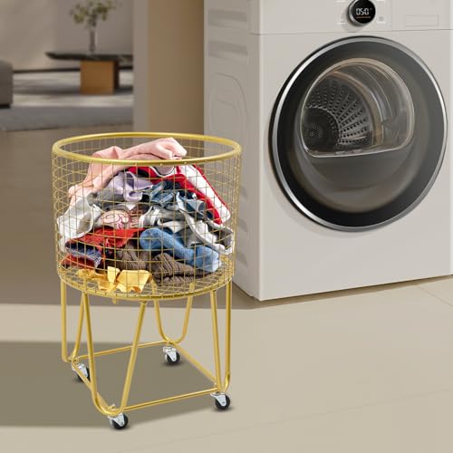 Image of Wire Metal Deep Set Rolling Laundry Basket,Mesh Wire Laundry Basket Storage Cart for Bathroom Bedroom Dirty Clothes Storage (F)